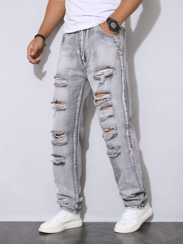 Men'S Fashion Grey Jeans - Mens Autumn Winter Distressed Grey Denim