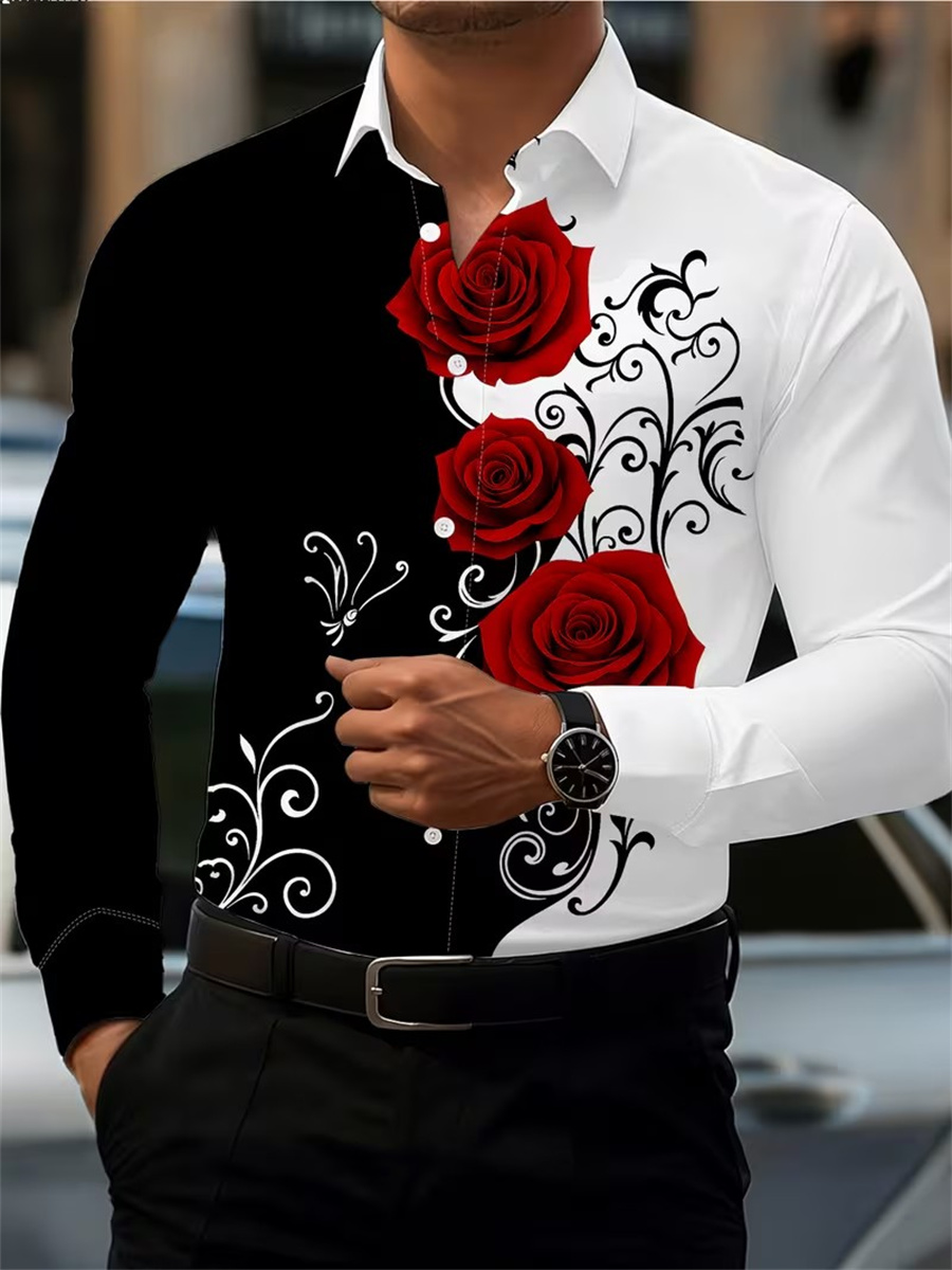 Mens Fashion Casual - Men's Red Rose Print Long-Sleeve Shirt,