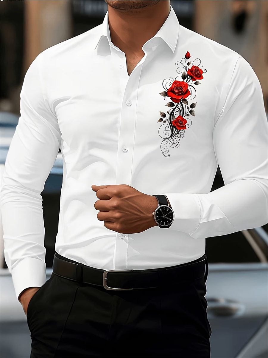 Men's Red Rose Print Long-Slee - Mens Fashion Casual review and price