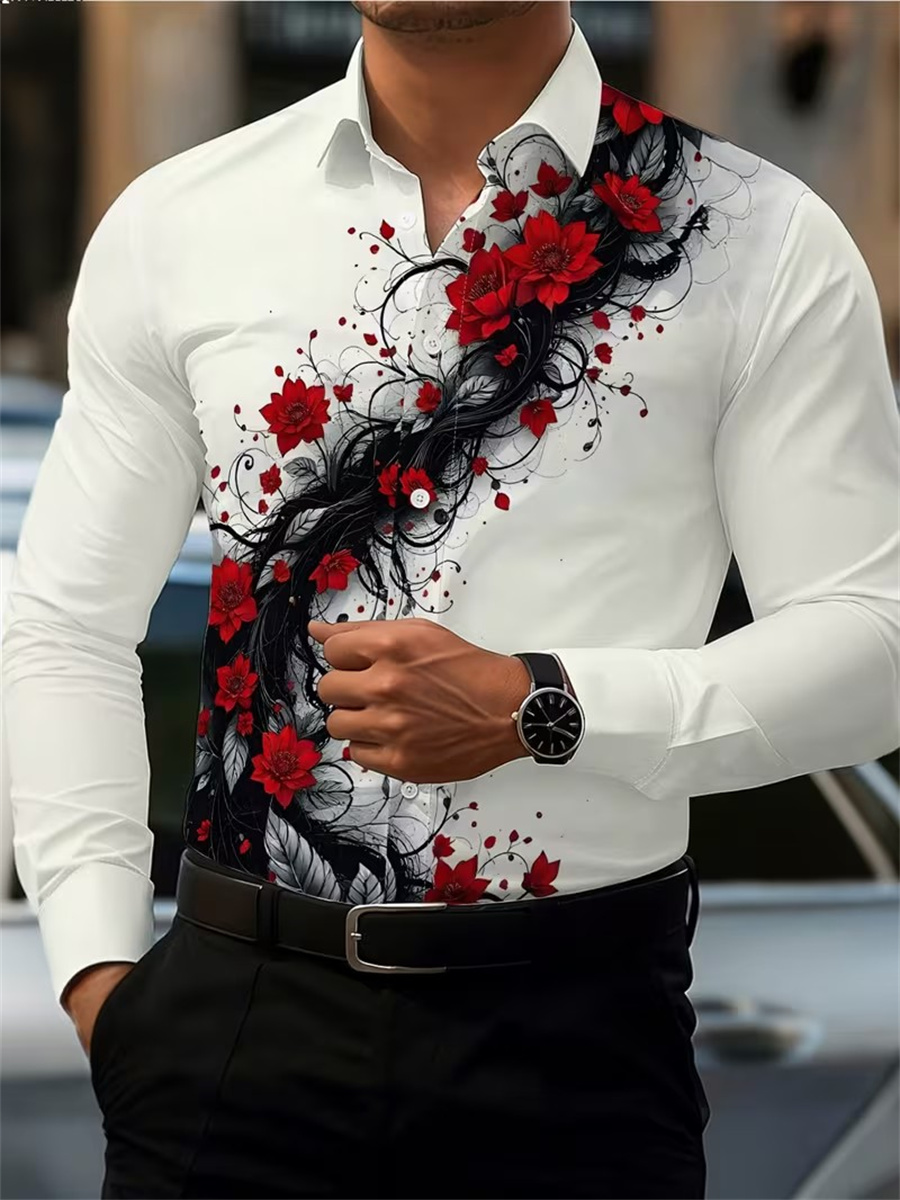Men's Red Rose Print Long-Slee - Mens Fashion Casual review and price
